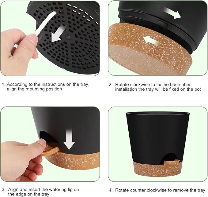Indoor Self Watering Planters with Drainage Holes and Saucers, 8, 7, 6.5, 6, 5.5, 5 Inches, Black, 6 Pots by GreenHaven Gardens