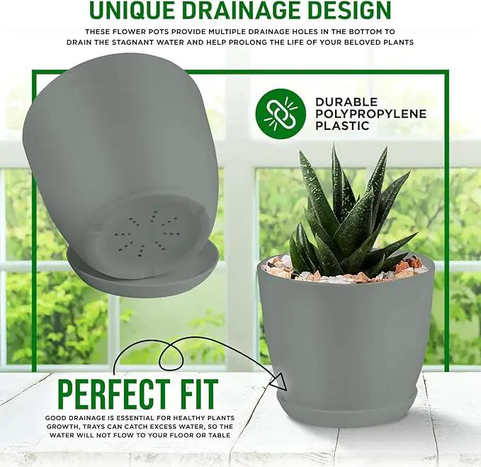 Planter Pots with Drainage Holes - Lightweight, Durable & Space-Saving Pots for Indoor and Outdoor - Versatile Functionality, Simple Modern Design, Set of 5 Plastic Planter Pots - Gray by GreenHaven Gardens