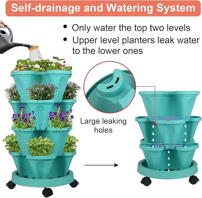 Vertical Planter 4 Tier Stackable Planters Garden Planters Strawberry Herb Flower and Vegetable Planter Indoor Outdoor Gardening Pots with Removable Wheels and Tools by GreenHaven Gardens
