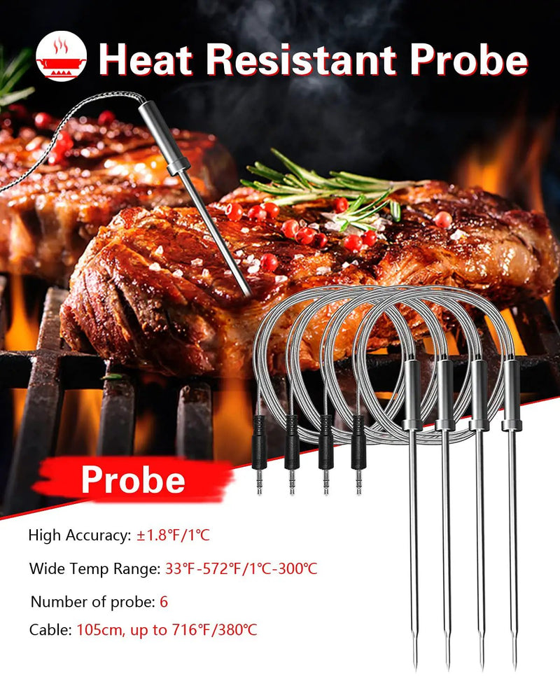 BFOUR Bluetooth Meat Thermometer Wireless Meat Thermometer, Wireless Digital Grill Thermometer with 6 Temperature Probes, Large LCD Display, Bluetooth Thermometer for Grill, Smoker, Oven and BBQ by GreenHaven Gardens