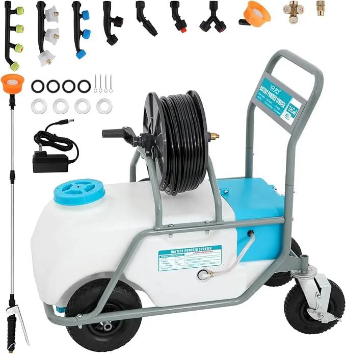 16 Gallon Battery Powered Sprayer,90 PSI Electric Pump,6 Hours Long Battery Life,12V 8Ah Battery,Adjustable HD Wand and 10 Nozzles,Portable Sprayer with Wheels for Lawn & Garden Spraying, Cleaning by GreenHaven Gardens