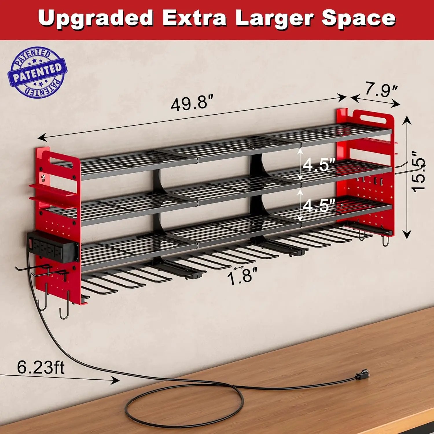 12 Cordless Drill Holder Large Power Tool Organizer Wall Mount with Side Pegboard & Screwdriver Holder, 4-Tier Heavy Duty Metal Tool Storage Rack with 4-Outlet Power Strip by GreenHaven Gardens