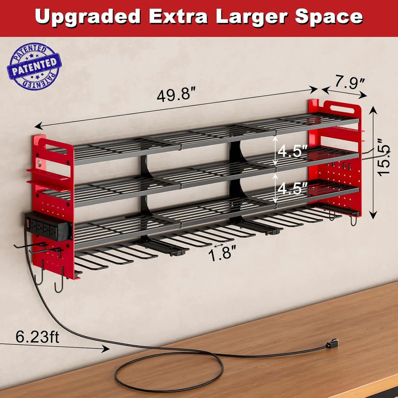 12 Cordless Drill Holder Large Power Tool Organizer Wall Mount with Side Pegboard & Screwdriver Holder, 4-Tier Heavy Duty Metal Tool Storage Rack with 4-Outlet Power Strip by GreenHaven Gardens