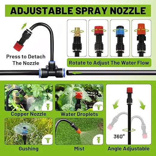 Garden Drip Irrigation Kit, 100ft Black Hose, 360° Pure Copper Closeable Nozzle, Patio Misting Plant Watering Sprinkler, Faucet Separator, Sprinkler Hose Adapter (24 360° nozzles + 24 T-connectors) by GreenHaven Gardens