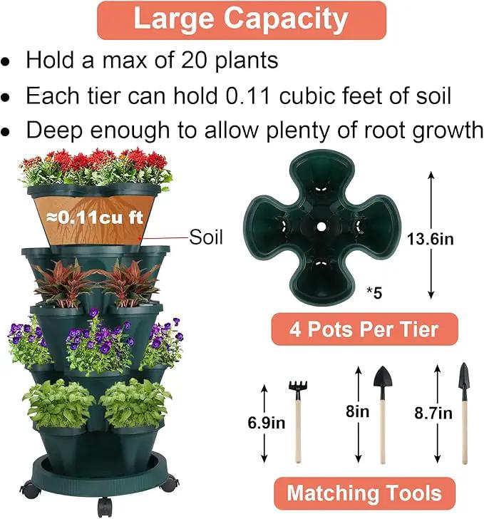Vertical Planter 5 Tier Stackable Planters Garden Planters Strawberry Herb Flower and Vegetable Planter Indoor Outdoor Gardening Pots with Removable Wheels and Tools by GreenHaven Gardens