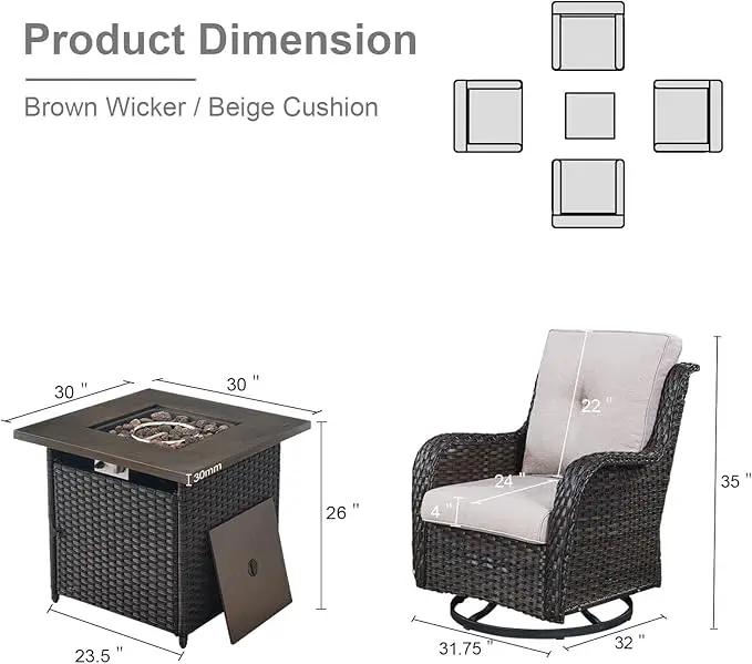 5 Pieces Patio Wicker Furniture Set - 4 Outdoor Swivel Rocker Glider Chairs with Propane Fire Pit Table, Warm Patio Conversation Set Beige Cushion Perfect for Casual Gathering by GreenHaven Gardens