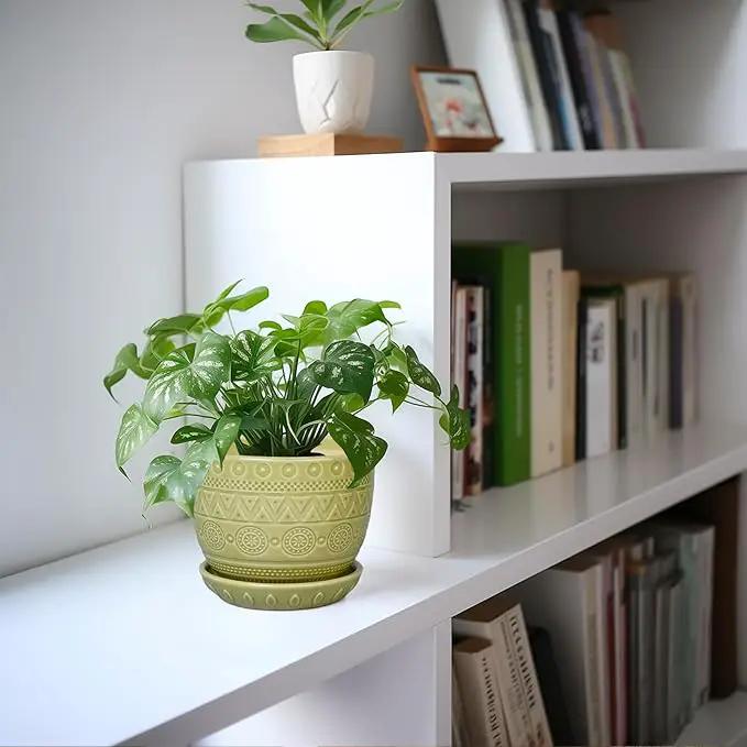 G EPGardening Indoor Plant Pot 5.5 Inch - Ceramic Planter with Drainage Hole and Saucer, Round Boho Plant Pot for Indoor Plants, Plant Lover Gifts, Home Garden Office Decor, Green by GreenHaven Gardens