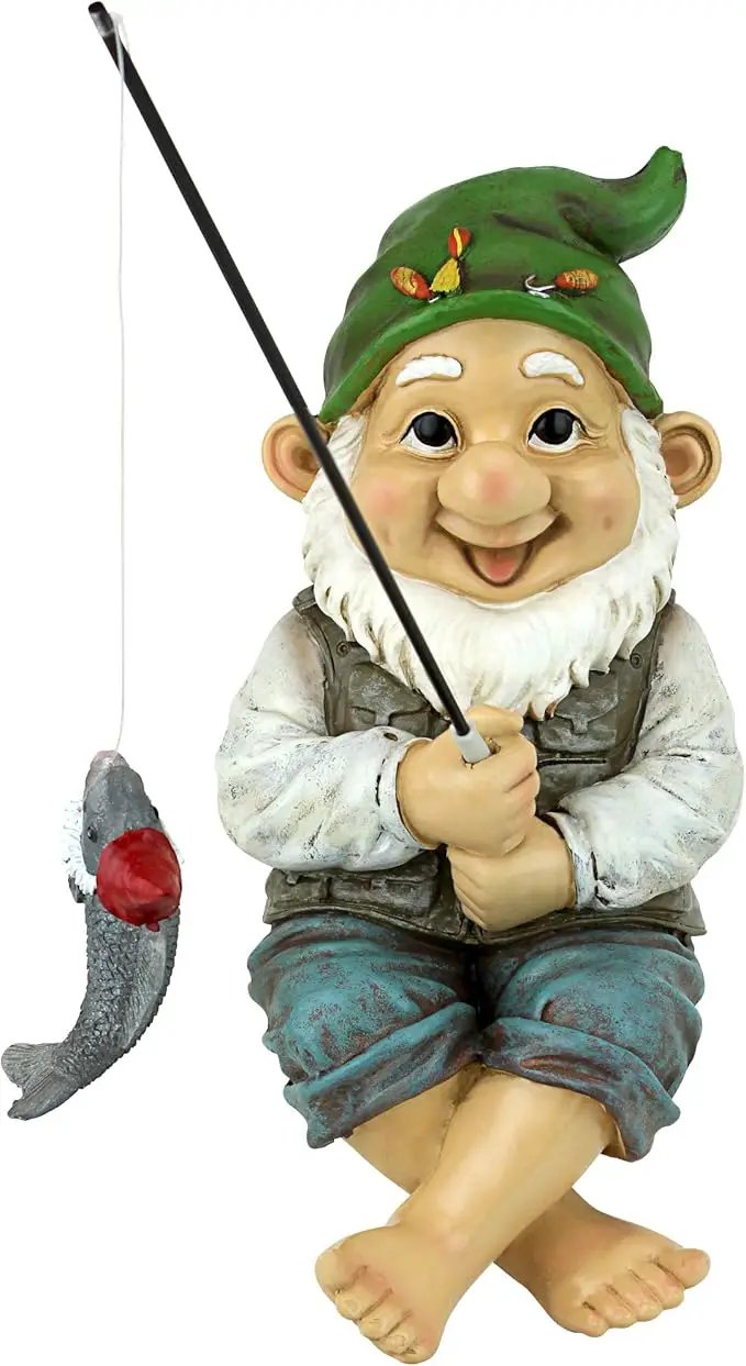 Design Toscano Ziggy with Fishing Pole Garden Gnome Indoor/Outdoor Shelf Sitter Statue, 9 Inch Tall, Cast Stone Resin, Full Color Finish by GreenHaven Gardens