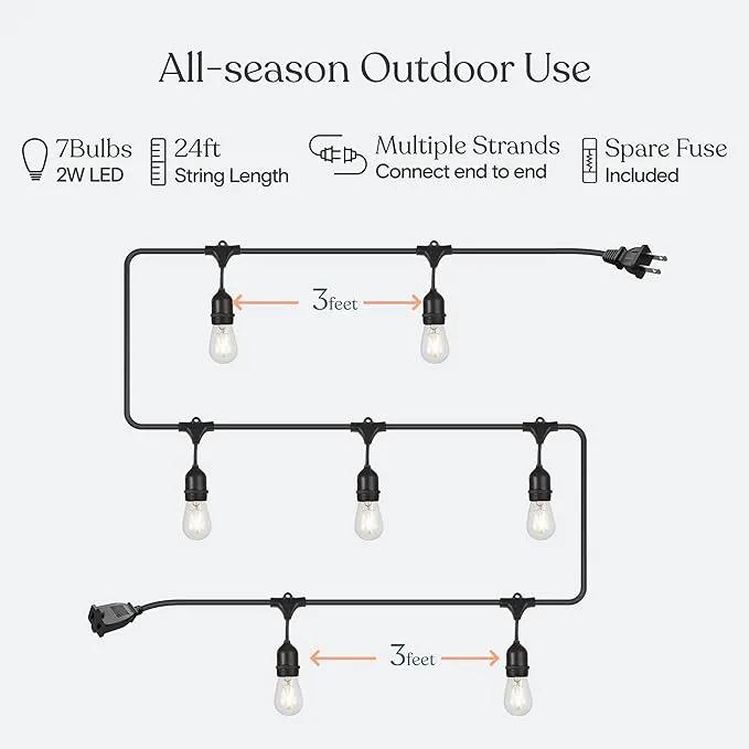 Brightech Ambience Pro - 24 Ft Waterproof LED Outdoor String Lights - Hanging, Dimmable 2W Vintage Edison Bulbs - Commercial Grade Patio Lights Create Cafe Ambience in Your Backyard, 7 Bulbs by GreenHaven Gardens
