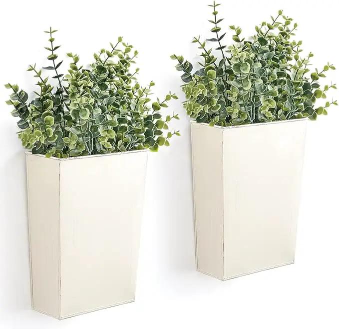 Dahey 2 Packs Metal Wall Planter with Artificial Plants, Farmhouse Wall Decor Hanging Wall Vase Boxs Galvanized Flowers Holder for Country Rustic Home Wall Decor, White by GreenHaven Gardens