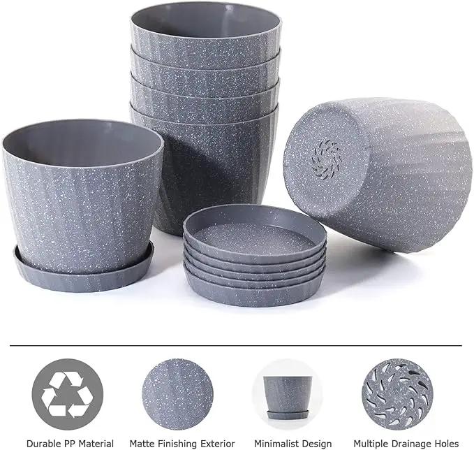 7 Inch Plant Pots Bulk, 6 Pack Plastic Planters with Drainage Holes and Saucers for Indoor Outdoor House Plants and Flowers, Grey by GreenHaven Gardens