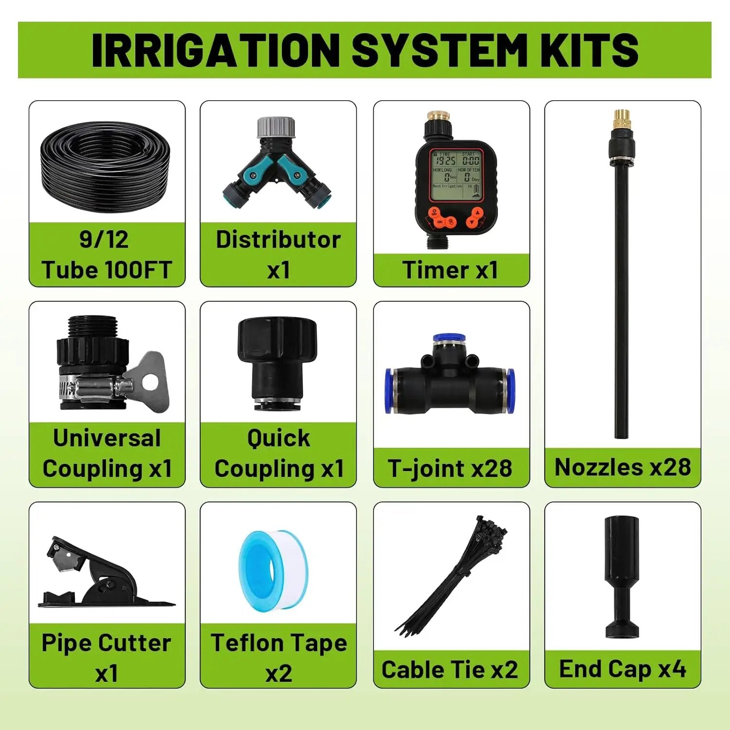Drip Irrigation Kit - 100 FT. Hose Sprinkler System with 360° nozzles and T-connectors for Gardens, lawns, Plants, Flower beds, Trees, patios and hydroponics (Closeable nozzle-28) by GreenHaven Gardens