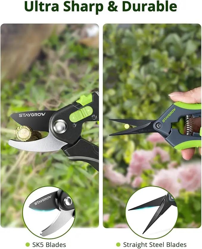 Garden Shears Set: 8.5" Bypass Pruning Shears & 6.5" Straight Trimming Scissors, Ultra-Sharp Garden Scissors with Stainless Steel Blades, Safety Lock, Gardening Gifts for Women Men, 2 Pack by GreenHaven Gardens