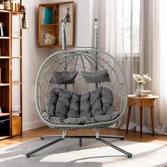 2 Person Double Egg Swing Chair with Stand Indoor Outdoor, Hammock Egg Chair Outdoor, Patio Wicker Hanging Egg Chair w/Cushion 700LBS Capacity for Bedroom, Balcony, Garden, Dark Grey by GreenHaven Gardens
