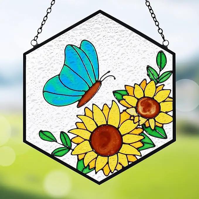 Stained Glass Butterfly Sunflower Suncatcher Window Hanging Ornament, Light Transmission Hand Paint Sun Catchers for Women Gifts, for Lover by GreenHaven Gardens