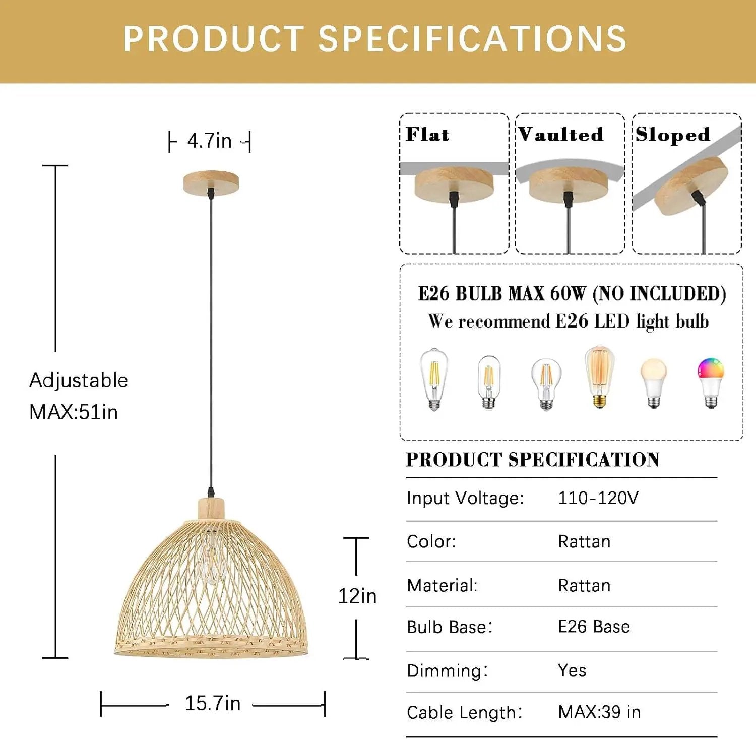 Hand-Woven Rattan Pendant Light, 16 Inch Boho Wicker Lights Fixture Wite Adjustable Cable, Coastal Hanging Lighting for Kitchen Island Dining Room Living Room Entrance Foyer by GreenHaven Gardens