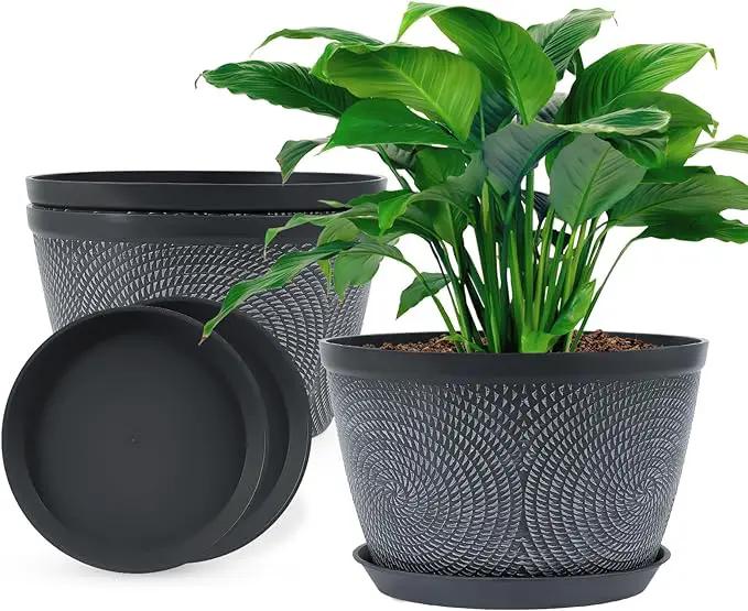 Quarut 10 Inch Flower Pots Planters for Outdoor Indoor, 3 Pack Plastic Plant Pots with Drainage Hole & Tray, Modern Decorative Garden Pot with Saucer, planters for House (Gray) by GreenHaven Gardens