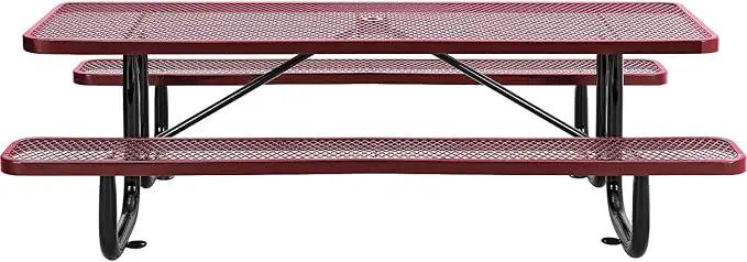 Global Industrial 8’L Rectangular Picnic Table, Expanded Metal, Red Thermoplastic Coating, Attached Benches, 1-1/2” Umbrella Pole Hole, Outdoor-Rated, 1000 lb Capacity, 96” x 30” Tabletop by GreenHaven Gardens
