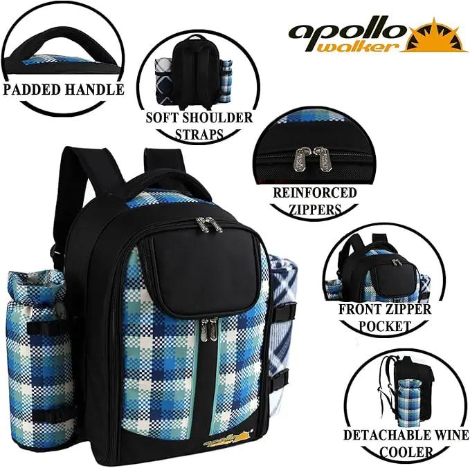 apollo walker Picnic Backpack Bag for 2 Person with Cooler Compartment, Detachable Bottle/Wine Holder, Fleece Blanket, Plates and Cutlery Set by GreenHaven Gardens