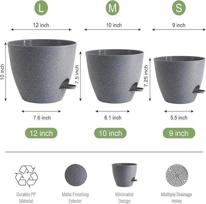Large Self Watering Pots, 12/10/9 Plastic Planters with High Drainage Holes and Deep Reservoir for Indoor Outdoor Garden Plants and Flowers, Grey Speckles by GreenHaven Gardens