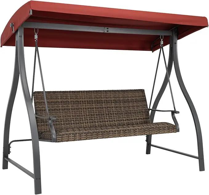 BPS 3 Seat Outdoor Porch Swing with Adjustable Canopy, PE Wicker Patio Swing Chair with Quick-Drying Foam Seat, 882 LBS Capacity, Proch Swings for Deck, Backyard, and Lawn, Red by GreenHaven Gardens