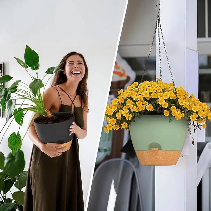 ZMTECH 12 Inch Hanging Planters for Indoor Outdoor Plants, 1 Pack Self Watering Hanging Plant Pots with Drainage Holes and Removable Saucer, Plastic Flower Hanging Pots with Watering Lip (Green) by GreenHaven Gardens