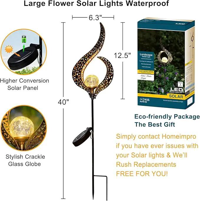 HOMEIMPRO Outdoor Garden Solar Lights Stake，Crackle Glass Globe,Metal Flower Waterproof LED Fairy Lights for Pathway,Lawn,Patio or Courtyard,Gardening Gift (Bronze) by GreenHaven Gardens