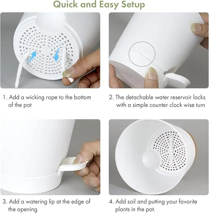 7/6.5/6/5.5/5/4 inch Self Watering Pots for Indoor Outdoor Plants, 6 Pack Plastic Flower Planters with Drainage Holes and Removable Saucers, Plant Pots with Wicking Rope, Modern Decor, White by GreenHaven Gardens