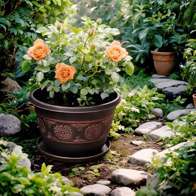4 Pack 16 inch Plant Pots, Retro Pattern Planters with Drainage Holes and Saucer, Sturdy Plastic Garden Flower Pots for Indoor & Outdoor Plants by GreenHaven Gardens