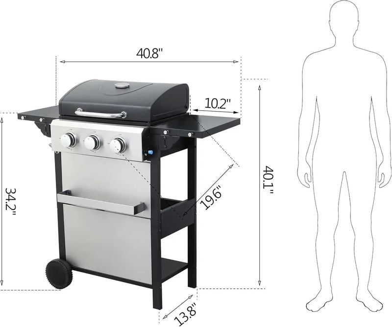 3-Burner Propane Gas BBQ Grill with Side Burner - Stainless Steel 30,000 BTU Patio Garden Barbecue Grill with Two Foldable Shelves by GreenHaven Gardens
