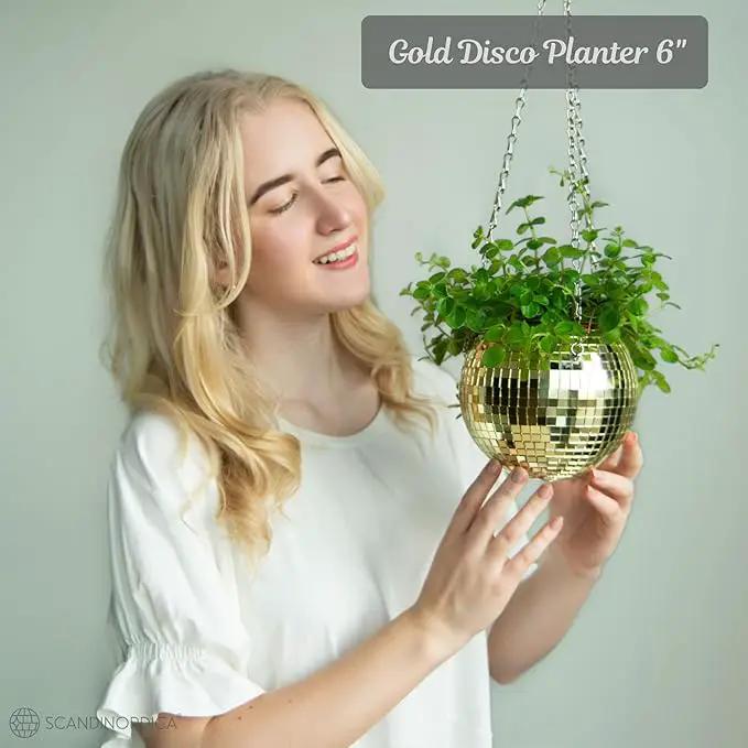 SCANDINORDICA Disco Ball Planter – Value Package: Mirror Disco Planter with Chain, Macrame Hanger and Acrylic Stand for Desk, Includes Self Watering Insert, Retro Decor | 6 inch Gold by GreenHaven Gardens