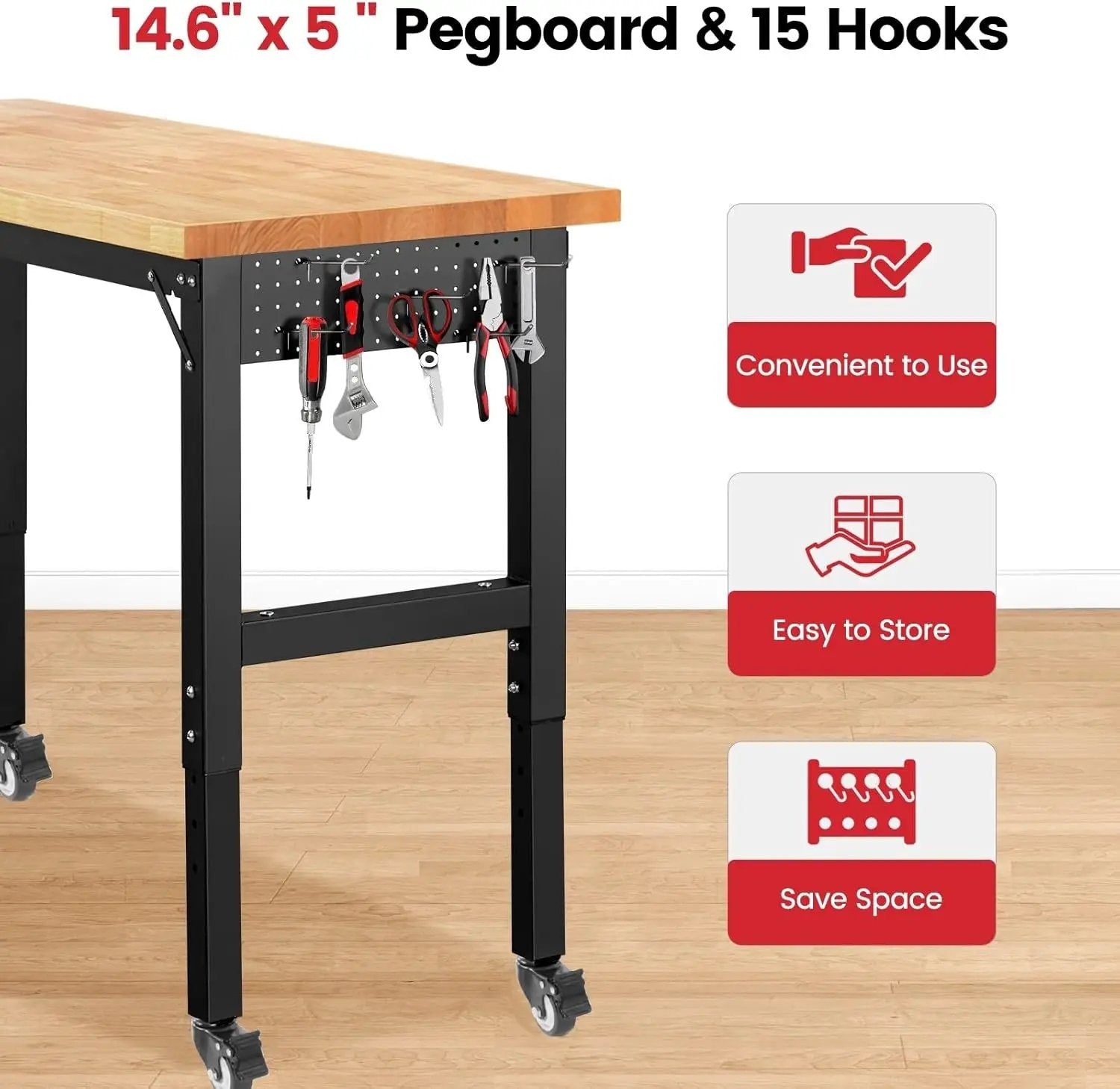 Workbench for Garage Adjustable Height 60 x 22 Inch Work Table with Wheels Heavy Duty Rubberwood Tabletop Workbench with Pegboard, Power Outlets for Woodworking Shop, Home, Office by GreenHaven Gardens
