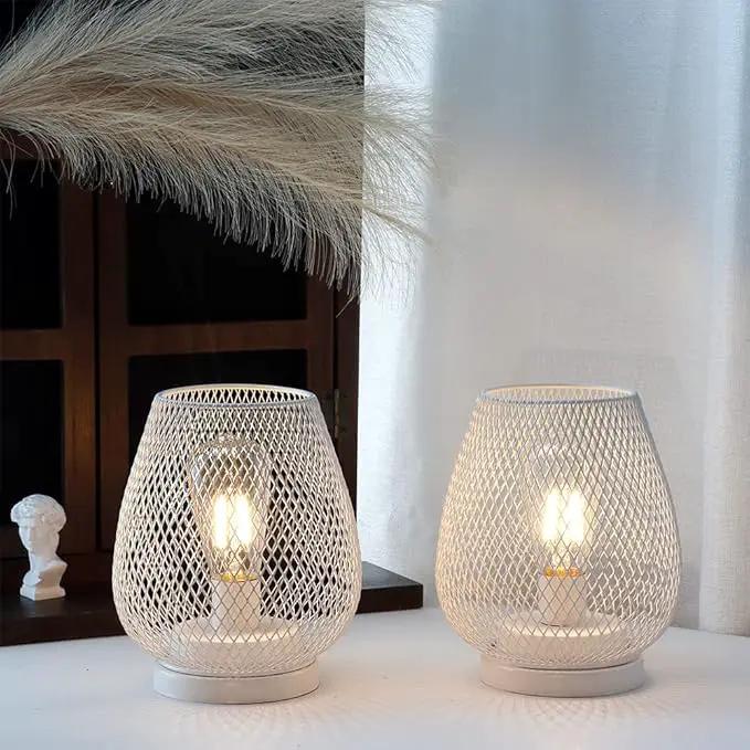 JHY DESIGN Set of 2 Metal Cage LED Lanterns Battery Powered Cordless Accent Light with LED Great for Weddings Parties Patio Events for Indoors Outdoors(White) by GreenHaven Gardens
