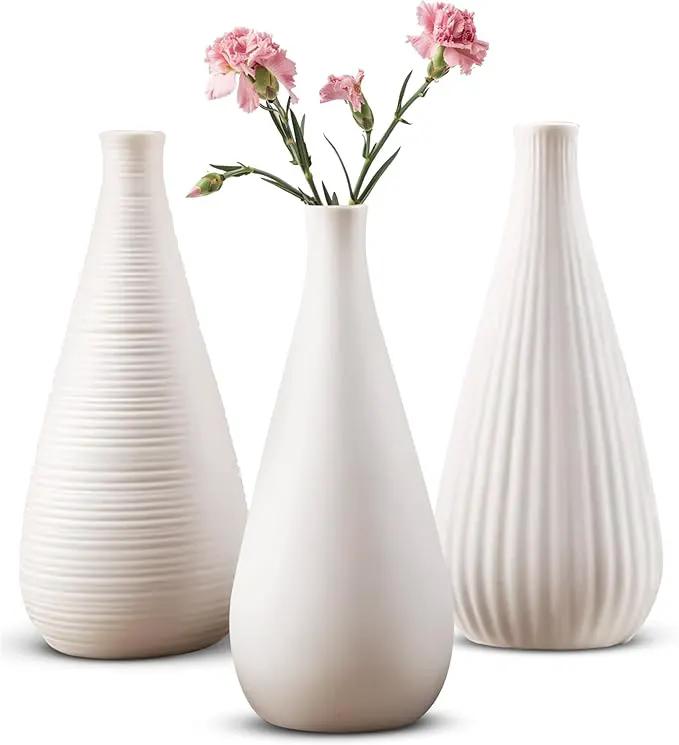 White Vases Home Decor Modern Ceramic Decorative Vases for Home Decor, Flower Vases & Centerpiece, Minimalist Design Set of 3 by GreenHaven Gardens