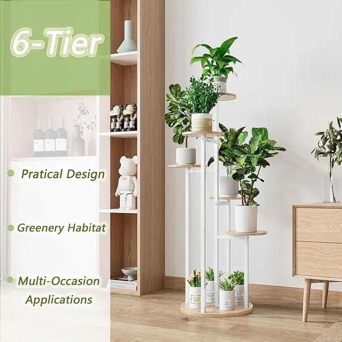 Plant Stand Indoor 6 Tier 9 Potted Multiple Flower Pot Holder for Patio Garden Balcony Living Room Corner (6 Tier White+Sonoma Oak) by GreenHaven Gardens