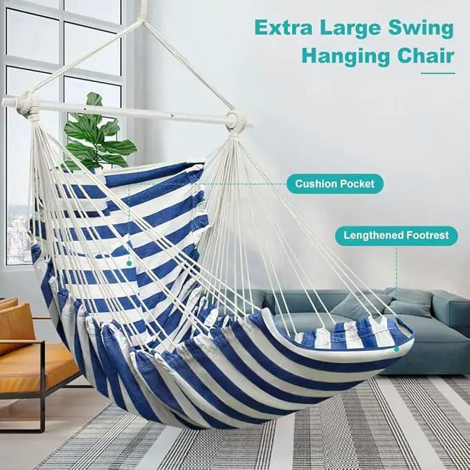 Hammock Chair, Hanging Chair with 3 Cushions and Foot Rest Support, Sturdy Metal Spreader Bar Max 440 Lbs, Swing Chair for Bedroom, Indoor & Outdoor, Patio, Porch or Tree（Blue and White） by GreenHaven Gardens