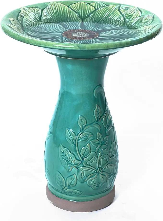 LuxenHome 23 Inch Ceramic Bird Bath for Outside, Elegant Tall Outdoor Bird Bath, Lightweight Pedestal Glazed Birdbaths for Outdoors with Floral Embossed Design, Jade Green by GreenHaven Gardens