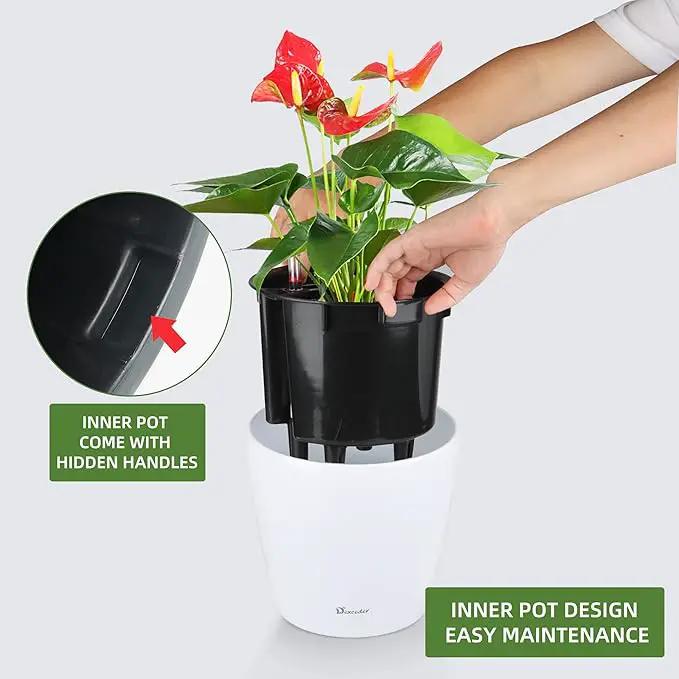 Dexceder 11x10 Inches High Gloss Self Watering Planter Indoor Outdoor, Inner Pot Design, Thickened Table Flower Plant Pot with Water Level Indicator (White) by GreenHaven Gardens