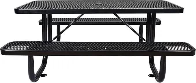 Picnic Table with Umbrella Pole, Heavy-Duty Weather-Resistant Dining Table for Patio, Rust-Resistant Finish, Black by GreenHaven Gardens
