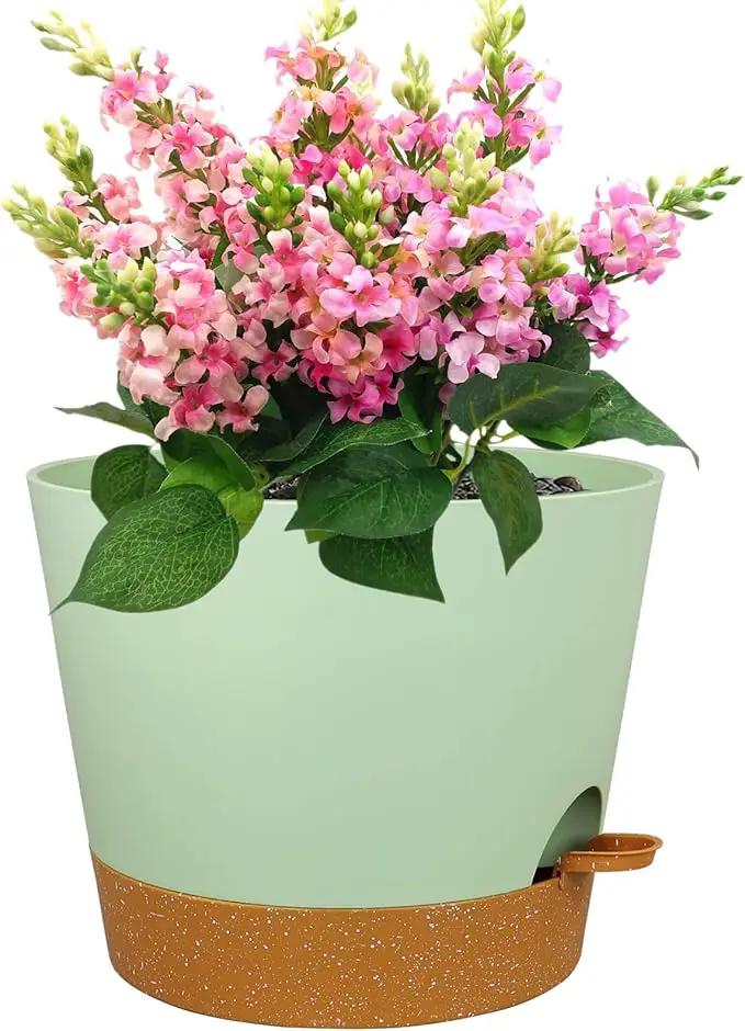 12 inch Large Self Watering Pots for Indoor Outdoor Plants, Flower Plant Pots with Drainage Holes for Garden House Plants, Plastic Planters with Reservoir for Home Plants, Green with Brown by GreenHaven Gardens