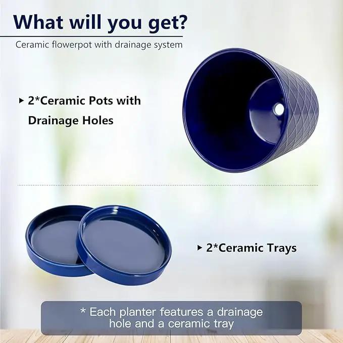 BUYMAX Plant Pots Indoor –6 inch Ceramic Flower Pot with Drainage Hole and Ceramic Tray - Gardening Home Desktop Office Windowsill Decoration Gift, Set of 2(Royal Blue) by GreenHaven Gardens