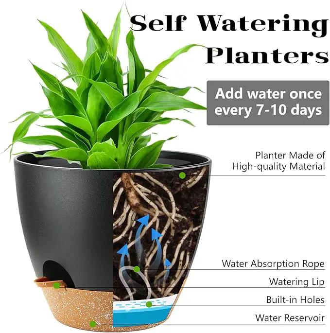 Self Watering Plants Pot with Drainage Hole, Flower Plants Pots for Indoor & Outdoor, Black Plastic Self Watering Planters Succulent Pot 5pcs/Set by GreenHaven Gardens