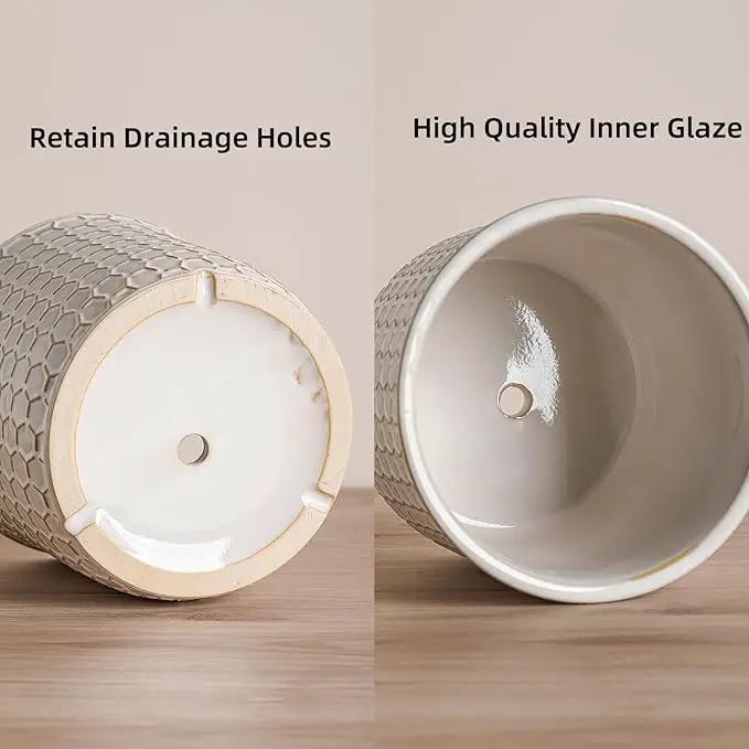 5.8 Inch Plant Pot: Ceramic Planter with Drainage Hole & Saucer - Flowerpot for Indoor & Outdoor Plants with Separate Tray for Home & Office - Honeycomb Design, Cream White by GreenHaven Gardens