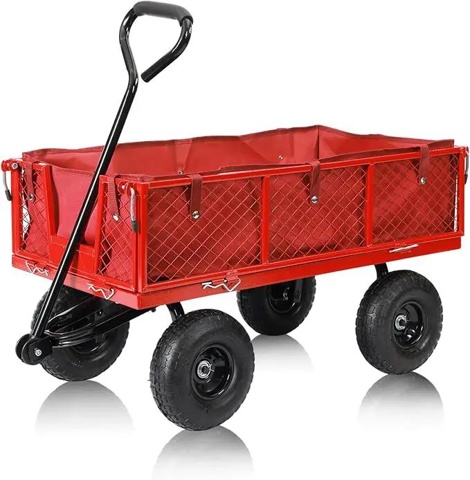 SUNNYFEEL 900 Lbs Capacity Heavy Duty Mesh Steel Garden Cart,Folding Utility Wagon with Removable Side Nets, Non-Slip Rubber Base, Red,Upgraded Version by GreenHaven Gardens