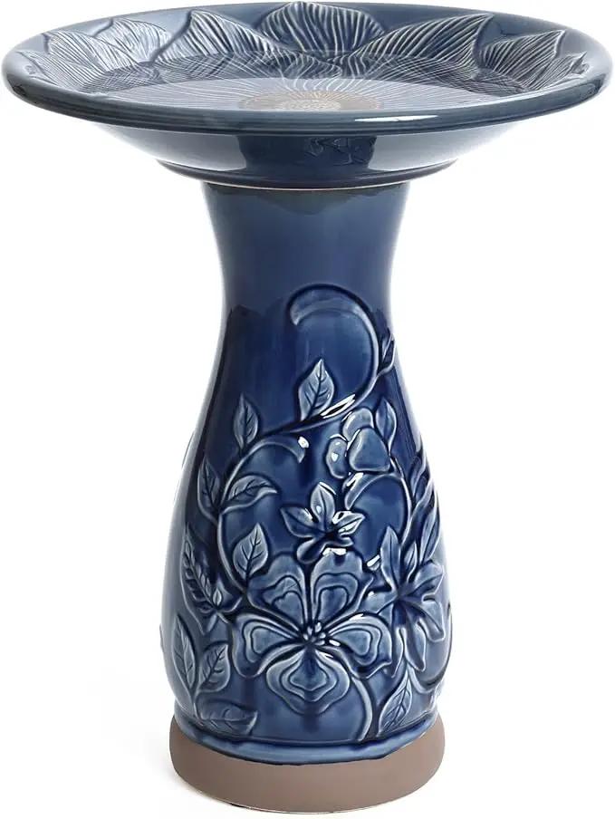 LuxenHome 22 Inch Ceramic Bird Bath for Outside, Elegant Tall Outdoor Bird Bath, Lightweight Pedestal Glazed Birdbaths for Outdoors with Floral Pattern, Deep Blue by GreenHaven Gardens