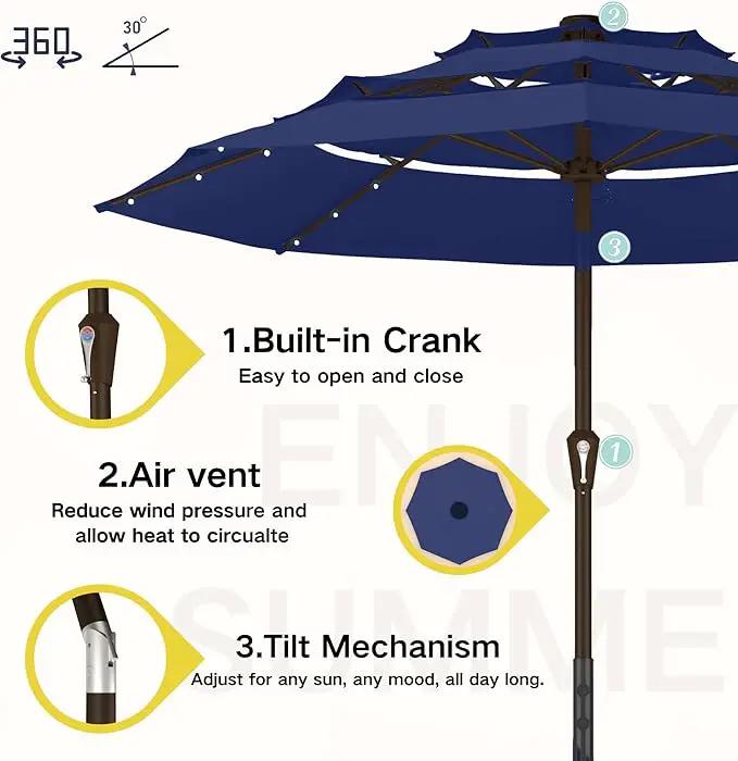 Kingdura 9ft 3-Tier Patio Umbrella with Solar Lights, Table Umbrella Outdoor Patio with Easy Crank & Tilt, 8 Sturdy Ribs, UV Protection, 32 LED Lights for Deck, Poolside, Market (Navy blue) by GreenHaven Gardens