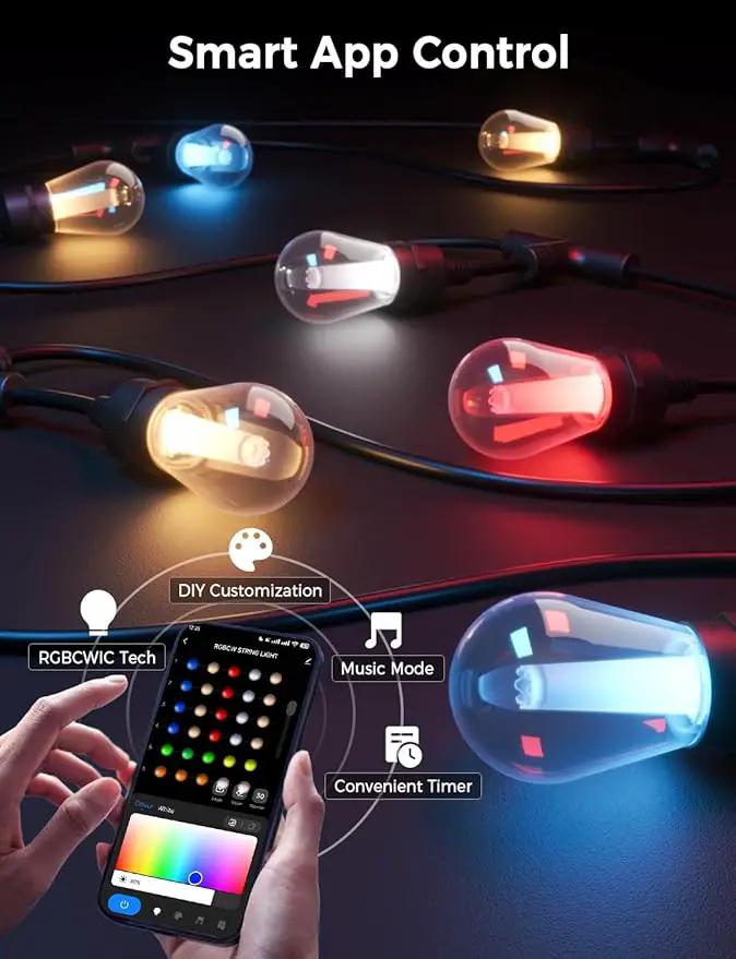 XMCOSY+ Outdoor String Lights Smart, 49Ft RGBCWIC Patio Lights Waterproof, App Control, Compatible with Alexa, Color Changing LED String Light for Outside Yard Garden Porch by GreenHaven Gardens
