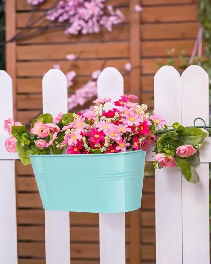 Metal Railing Planter for Outdoor Plants - 3 Pack Balcony Hanging Flower Pots with Detachable Hooks and Drain Holes Oval Bucket Rail Box Fence Planters for Home Garden Decor, Green Orange Blue by GreenHaven Gardens
