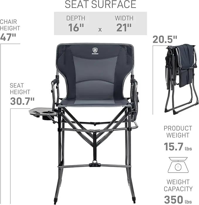 EVER ADVANCED Portable 30.7" Seat Height Tall Folding Camping Chair Directors Chair High Foldable Bar Stool with Side Table for Makeup Artist, Sports Event, Craft Show, Supports 350LBS Grey by GreenHaven Gardens