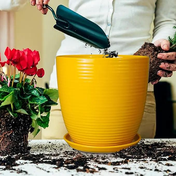 12 Inch Pots for Plants - Ceramic Planter for Indoor Plants Large Plant Pot with Drainage Hole and Saucer Round Outdoor Flower Pot for Garden Home Patio Office Yellow by GreenHaven Gardens